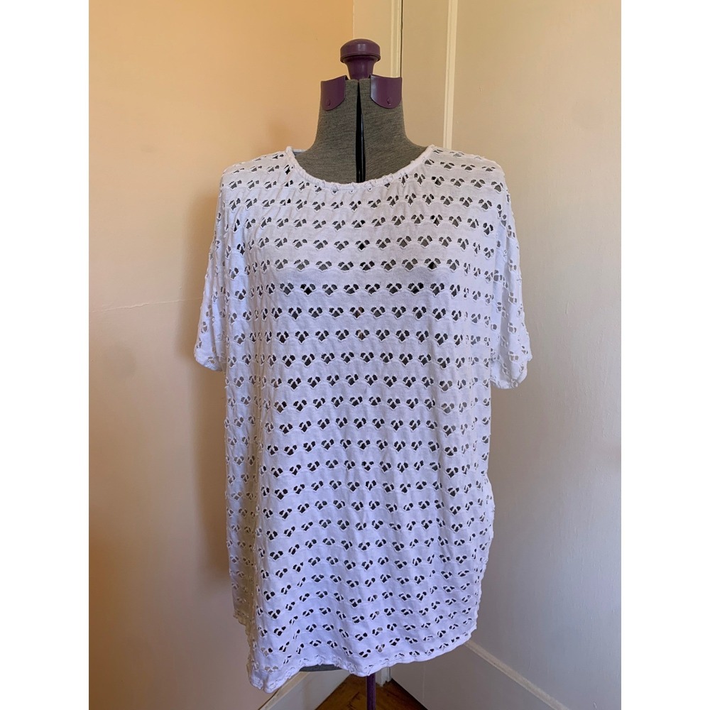 White Eyelet Knit Short Sleeve Tunic Top Pointelle Relaxed Fit Coverup
